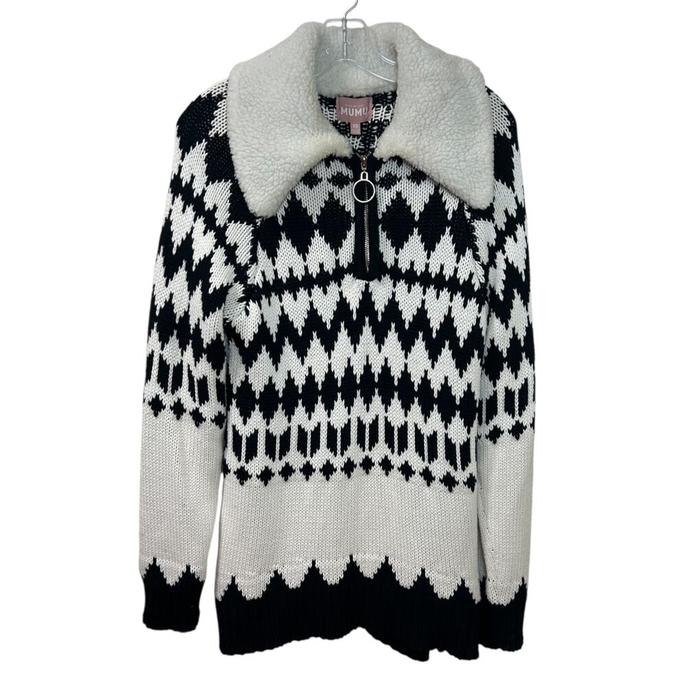Show Me Your Mumu 'Sun Valley' Pullover Sweater Sherpa Fair-Isle, White Black XS - Picture 2 of 9